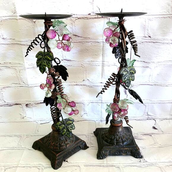 Set of 2 Iron/Metal Grapevine Pillar Candle Holders with Acrylic Lucite Grapes - Picture 3 of 10